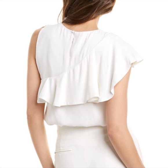 NWT Maje Lorena Asymmetric-Ruffle White Crepe Top w/ makeup marks at neckline - Picture 6 of 11